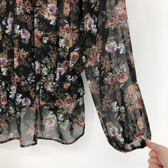Pleione  Black Floral Peasant Tunic sheer balloon sleeve blouse LG - Picture 15 of 16